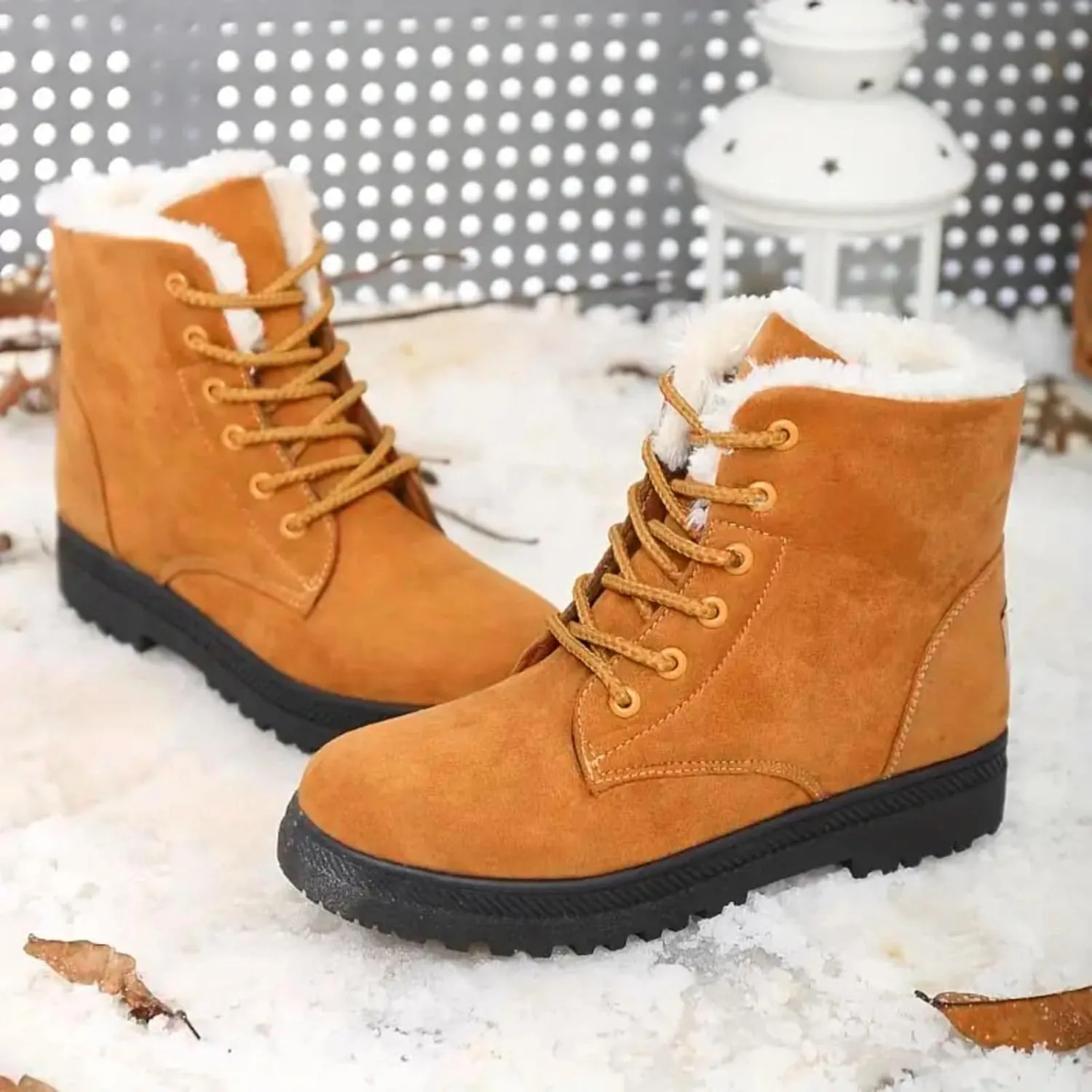 Winter Boots for Women Wide Width,Warm Fur Lined Snow Boots Casual Lace Up Ankle Boots Platform Round ToeFlat Boots
