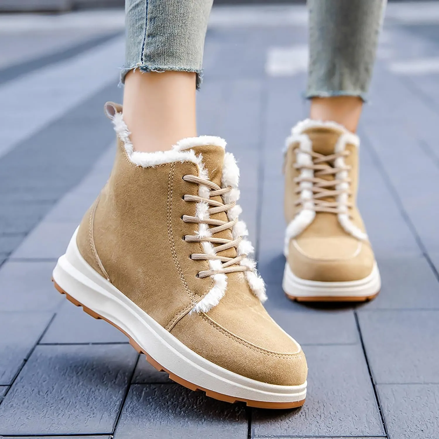 Winter Boots for Women Winter Lace Up Snow Boot Suede Outdoor Walking Ankle Booties Warm Fur Lined Snow Boots