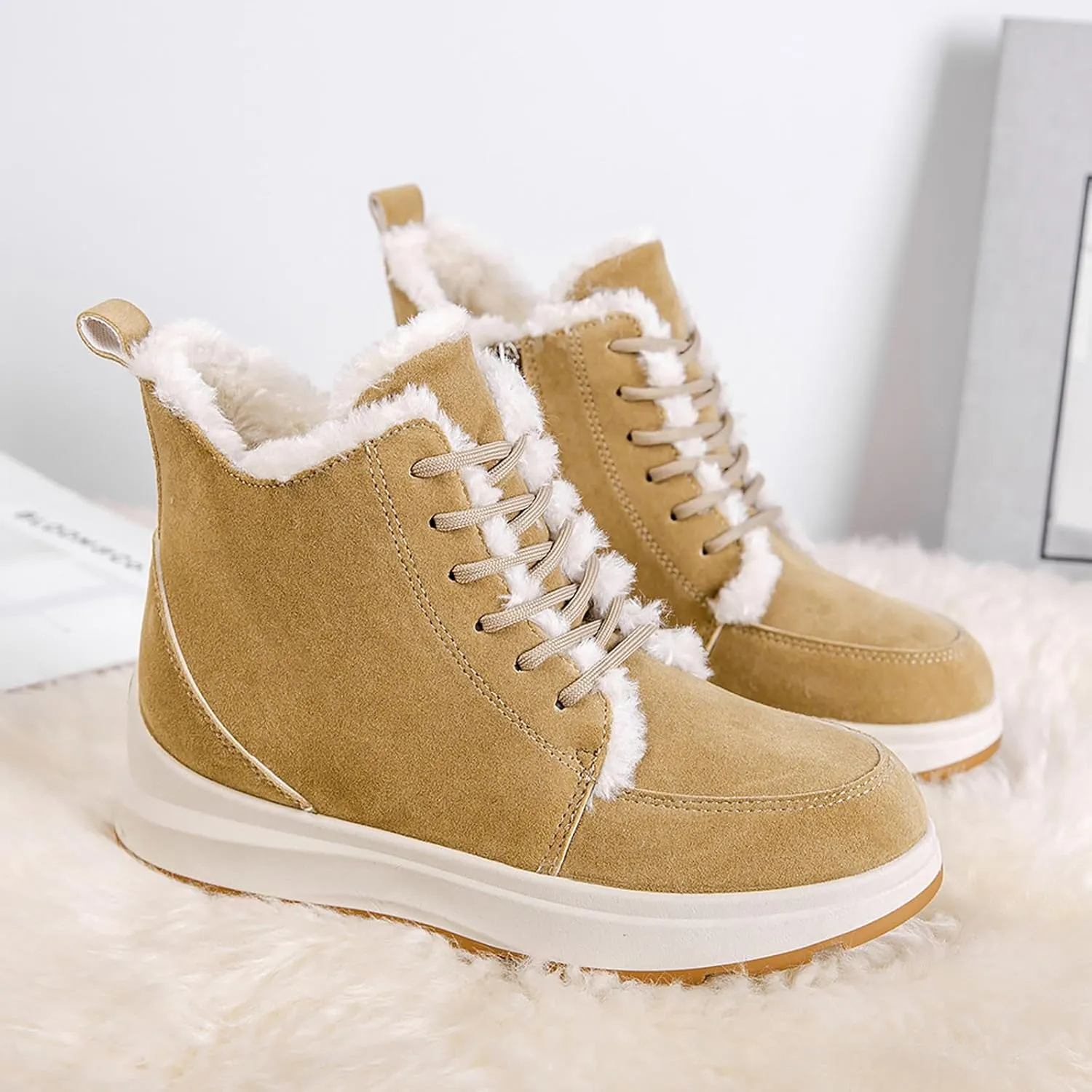 Winter Boots for Women Winter Lace Up Snow Boot Suede Outdoor Walking Ankle Booties Warm Fur Lined Snow Boots