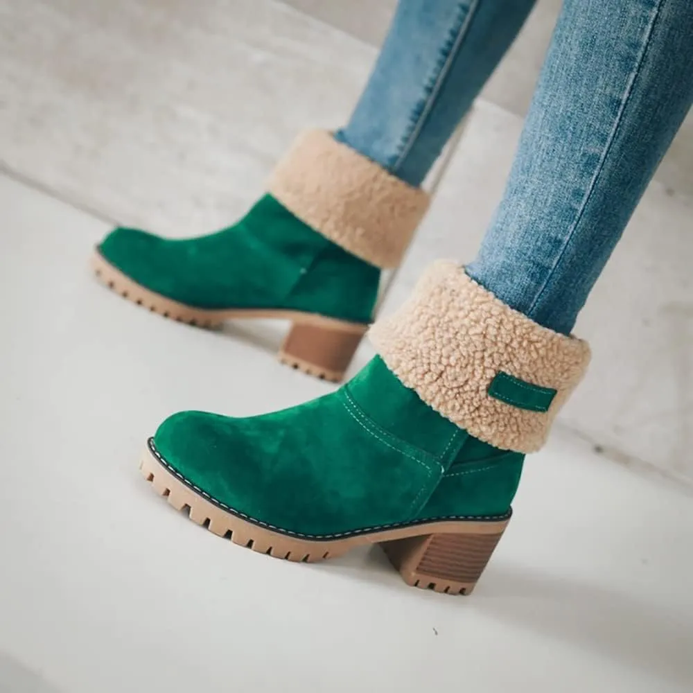 Women Cute Warm Short Boots Women's Winter Snow Fleece Suede Chunky Mid Heel Round Toe Ankle Booties