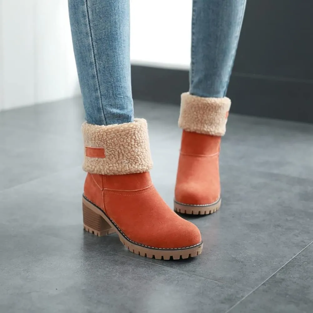 Women Cute Warm Short Boots Women's Winter Snow Fleece Suede Chunky Mid Heel Round Toe Ankle Booties