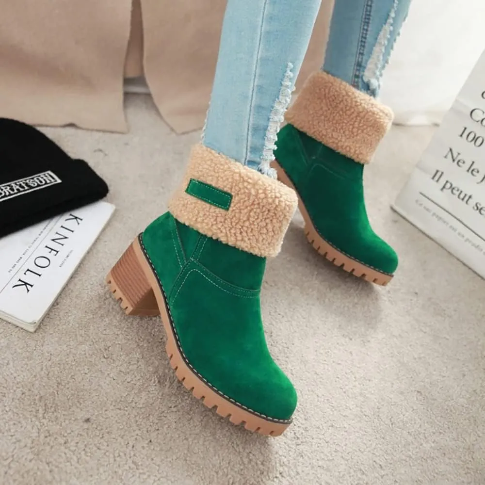 Women Cute Warm Short Boots Women's Winter Snow Fleece Suede Chunky Mid Heel Round Toe Ankle Booties