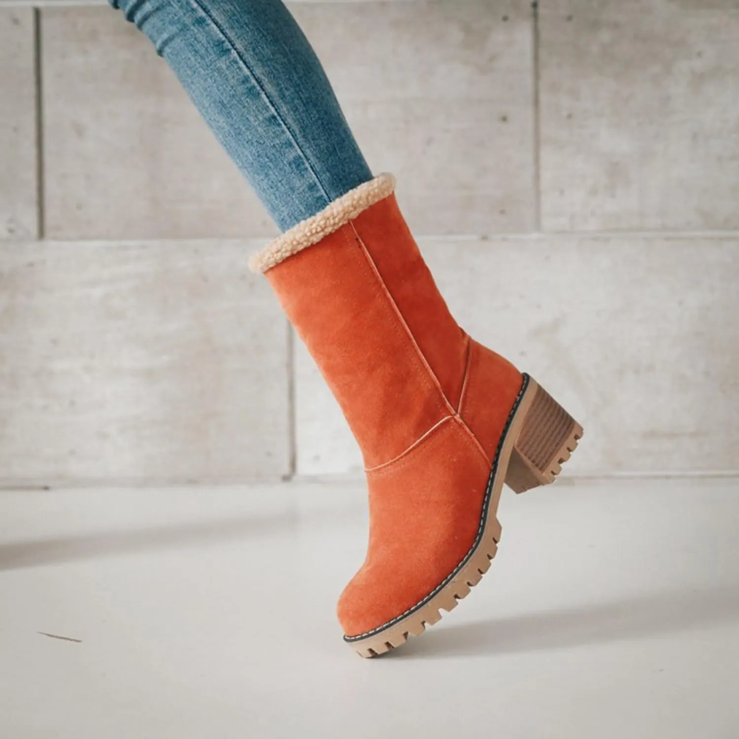 Women Cute Warm Short Boots Women's Winter Snow Fleece Suede Chunky Mid Heel Round Toe Ankle Booties