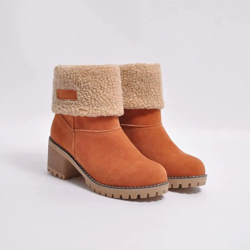 Women Cute Warm Short Boots Women's Winter Snow Fleece Suede Chunky Mid Heel Round Toe Ankle Booties