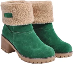 Women Cute Warm Short Boots Women's Winter Snow Fleece Suede Chunky Mid Heel Round Toe Ankle Booties