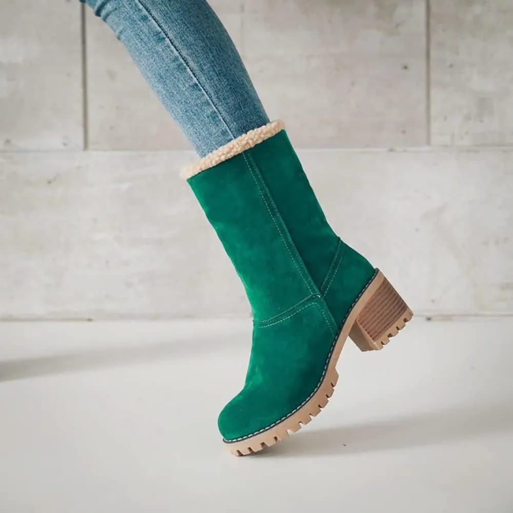 Women Cute Warm Short Boots Women's Winter Snow Fleece Suede Chunky Mid Heel Round Toe Ankle Booties
