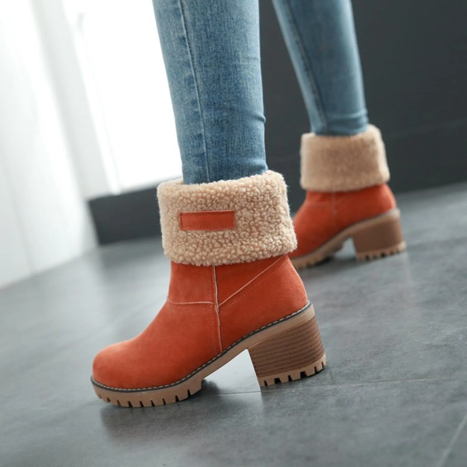 Women Cute Warm Short Boots Women's Winter Snow Fleece Suede Chunky Mid Heel Round Toe Ankle Booties