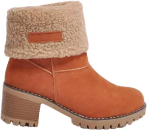 Women Cute Warm Short Boots Women's Winter Snow Fleece Suede Chunky Mid Heel Round Toe Ankle Booties