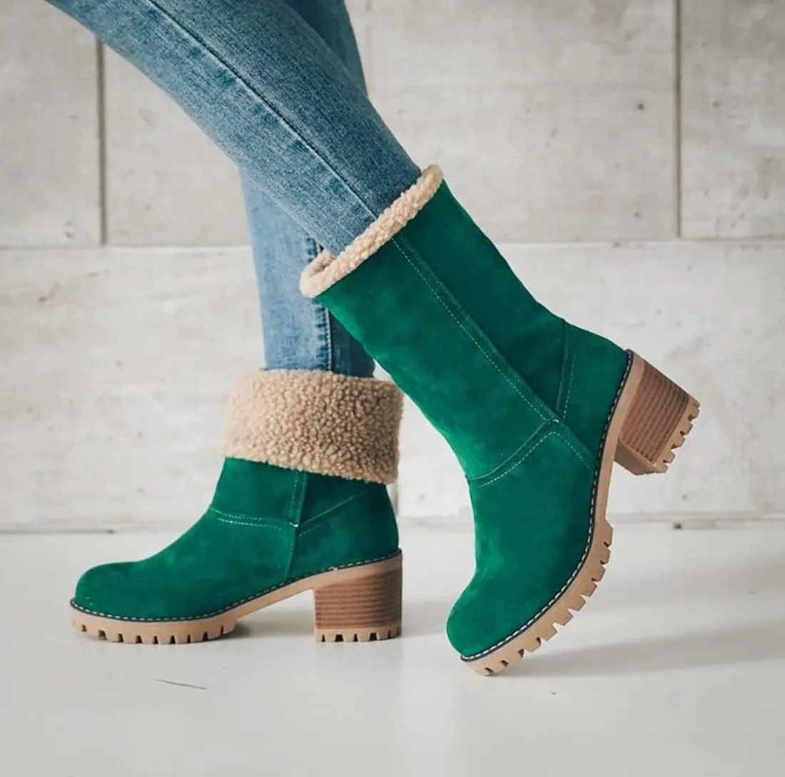 Women Cute Warm Short Boots Women's Winter Snow Fleece Suede Chunky Mid Heel Round Toe Ankle Booties