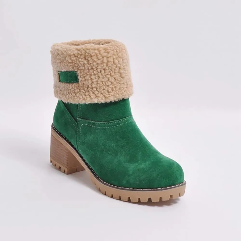 Women Cute Warm Short Boots Women's Winter Snow Fleece Suede Chunky Mid Heel Round Toe Ankle Booties