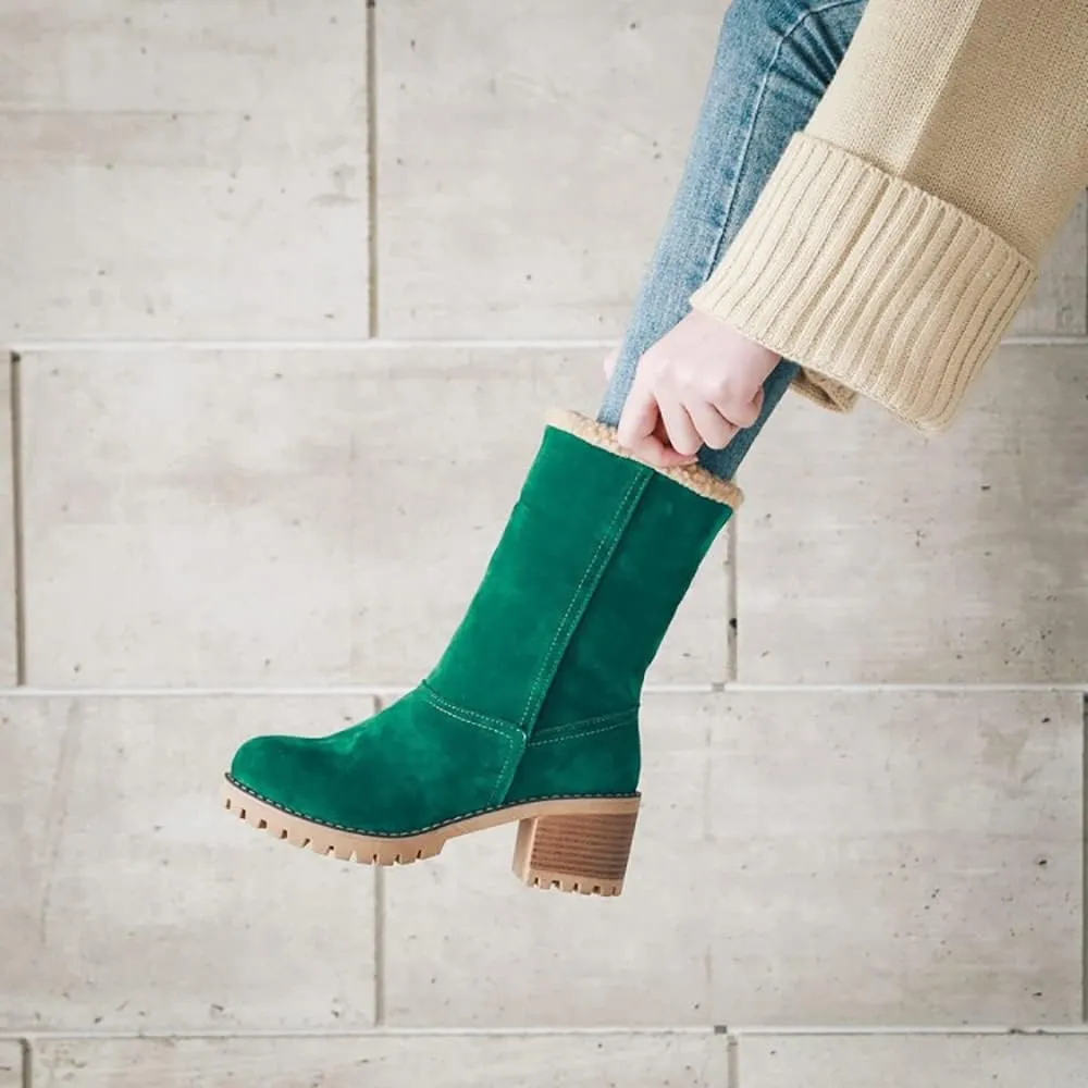Women Cute Warm Short Boots Women's Winter Snow Fleece Suede Chunky Mid Heel Round Toe Ankle Booties