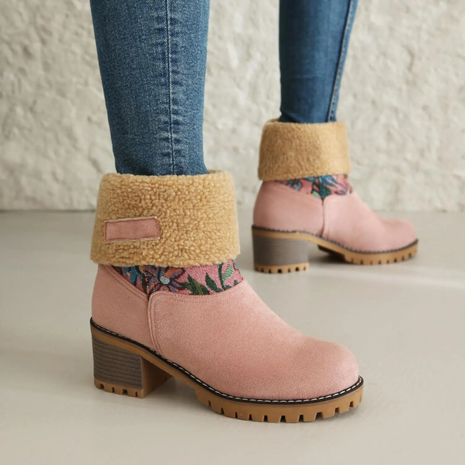 Women Warm Short Boots Winter Snow Fleece Fuzzy Suede Chunky Mid Heel Round Toe Ankle Booties Chunky Mid Calf Boots