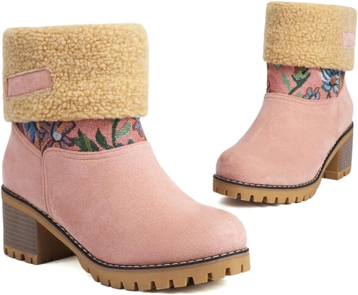 Women Warm Short Boots Winter Snow Fleece Fuzzy Suede Chunky Mid Heel Round Toe Ankle Booties Chunky Mid Calf Boots