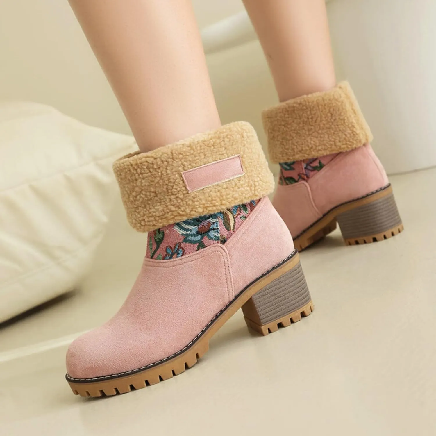 Women Warm Short Boots Winter Snow Fleece Fuzzy Suede Chunky Mid Heel Round Toe Ankle Booties Chunky Mid Calf Boots