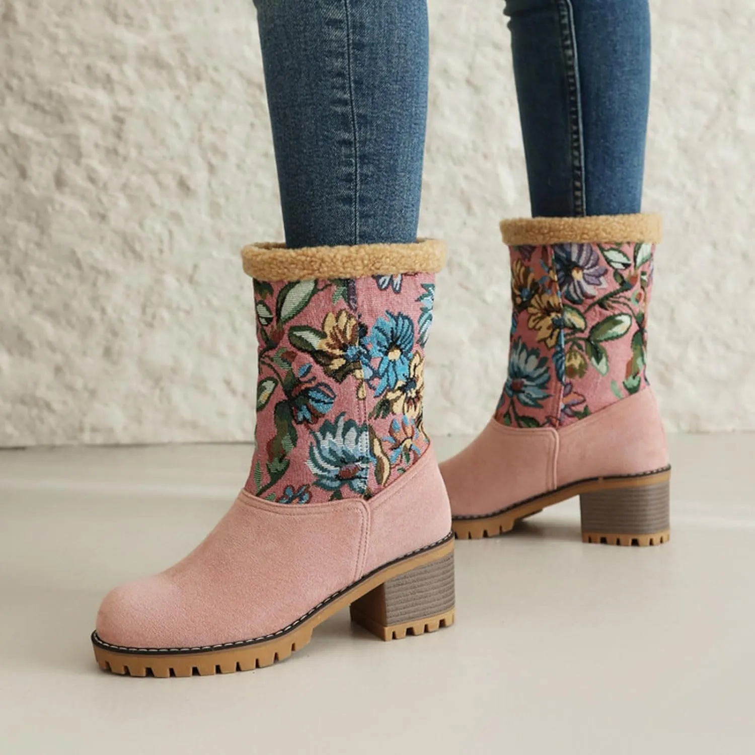Women Warm Short Boots Winter Snow Fleece Fuzzy Suede Chunky Mid Heel Round Toe Ankle Booties Chunky Mid Calf Boots