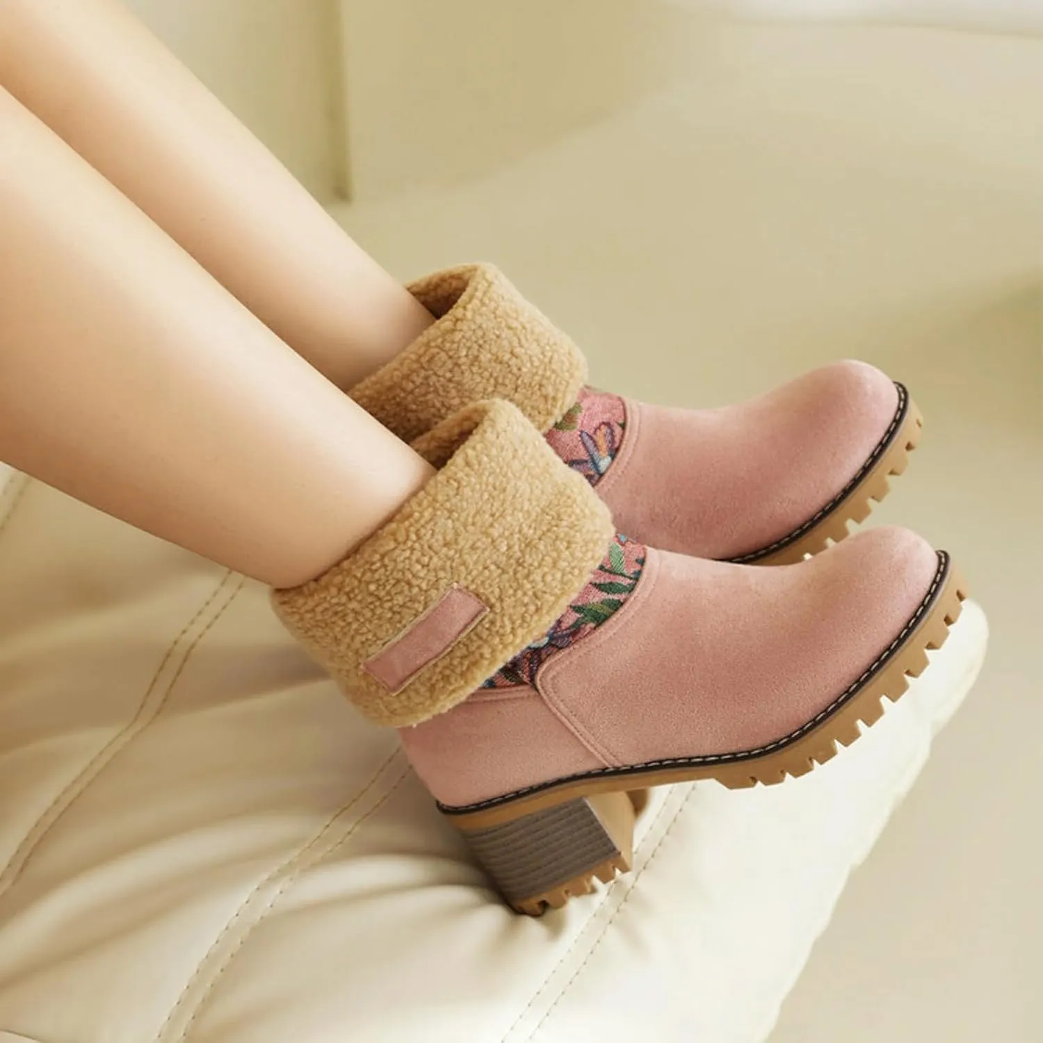 Women Warm Short Boots Winter Snow Fleece Fuzzy Suede Chunky Mid Heel Round Toe Ankle Booties Chunky Mid Calf Boots