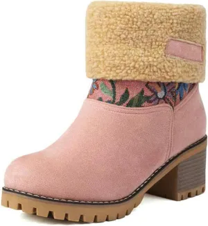 Women Warm Short Boots Winter Snow Fleece Fuzzy Suede Chunky Mid Heel Round Toe Ankle Booties Chunky Mid Calf Boots