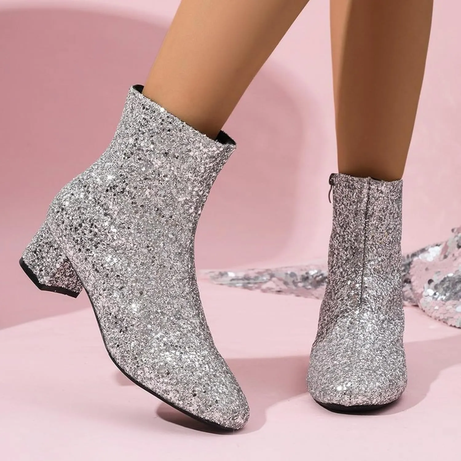 Womens Ankle Boots Sparkly Glitter Dress Boots Chunky Low Heel Short Fall Boots with Zipper Wedding Party Dress Shoes