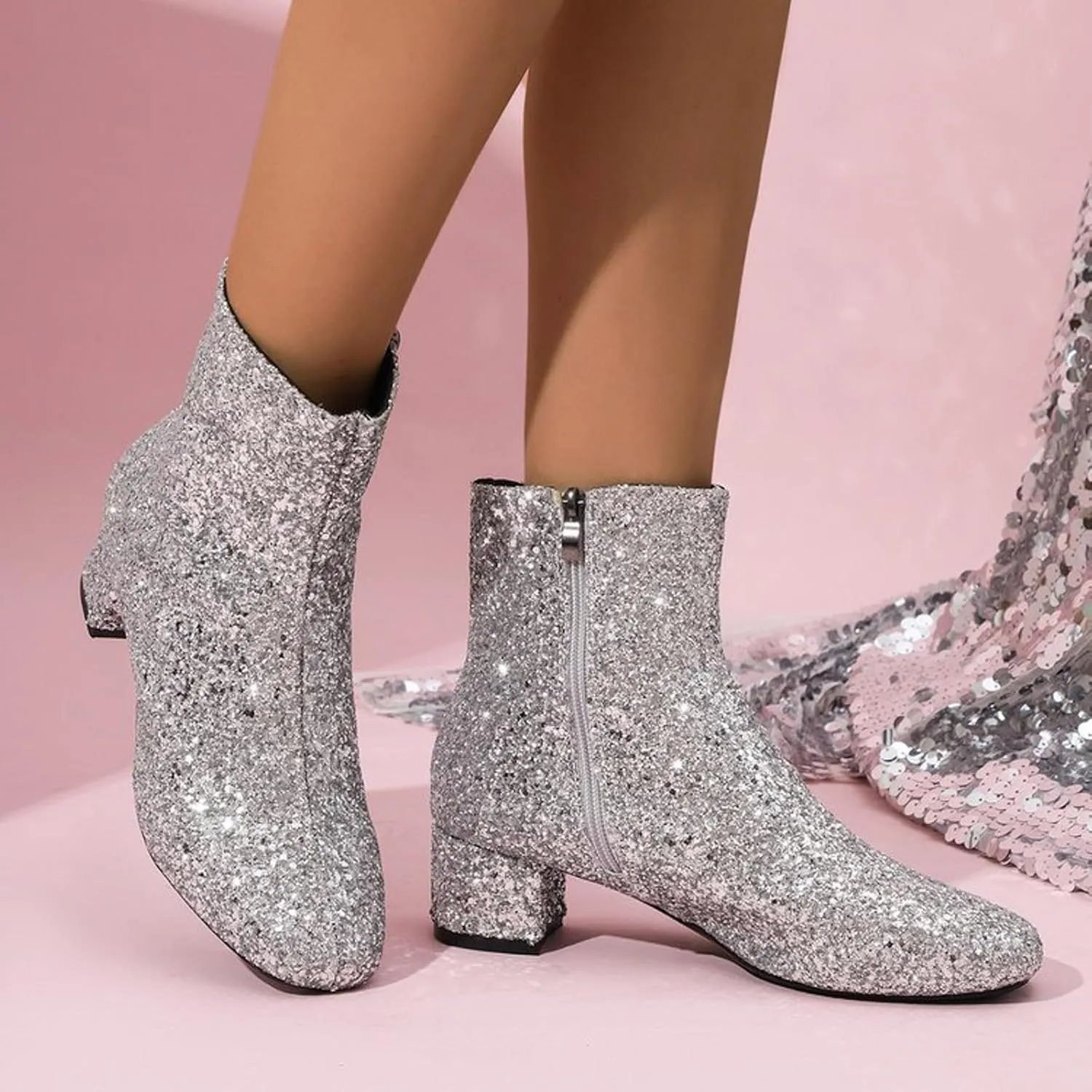 Womens Ankle Boots Sparkly Glitter Dress Boots Chunky Low Heel Short Fall Boots with Zipper Wedding Party Dress Shoes