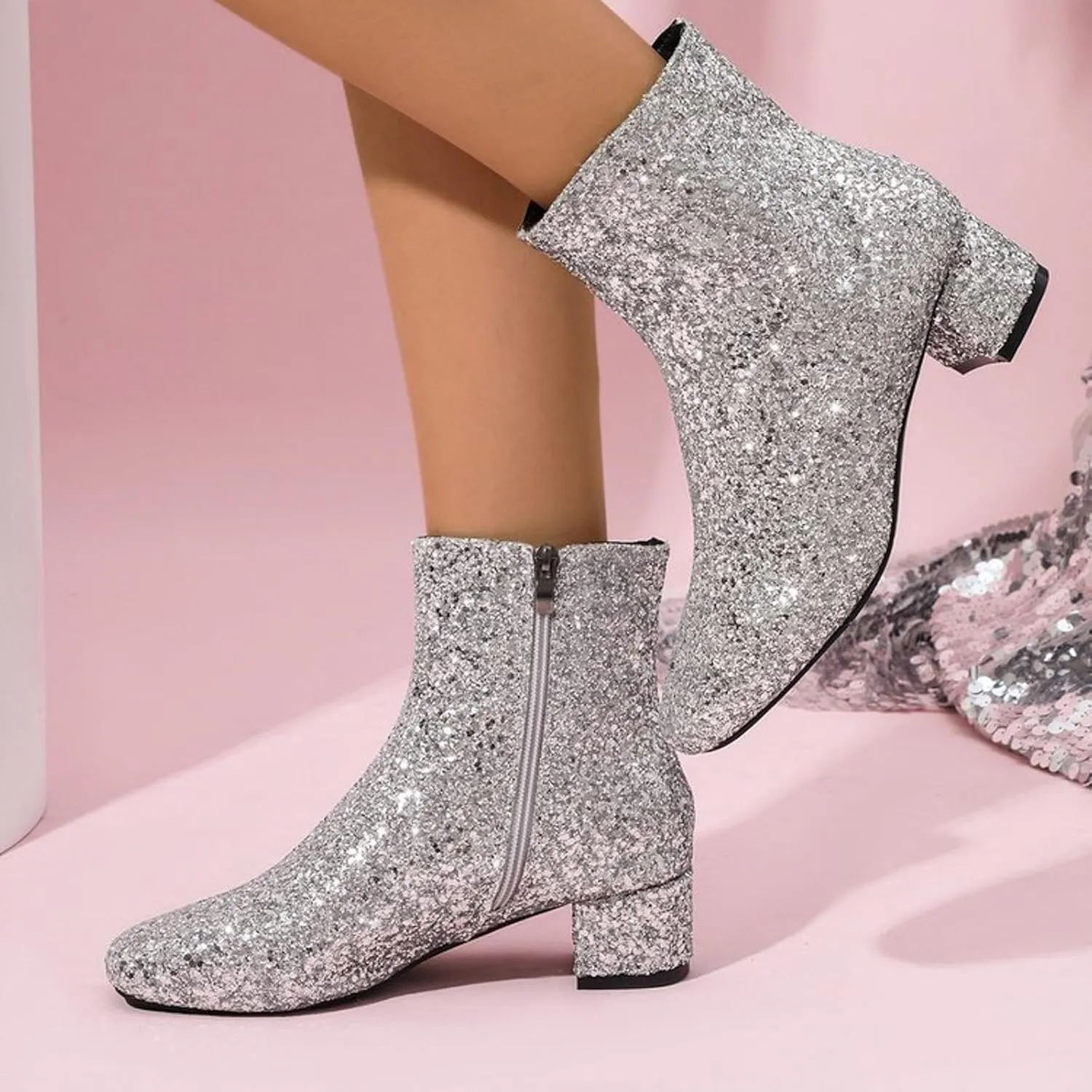 Womens Ankle Boots Sparkly Glitter Dress Boots Chunky Low Heel Short Fall Boots with Zipper Wedding Party Dress Shoes