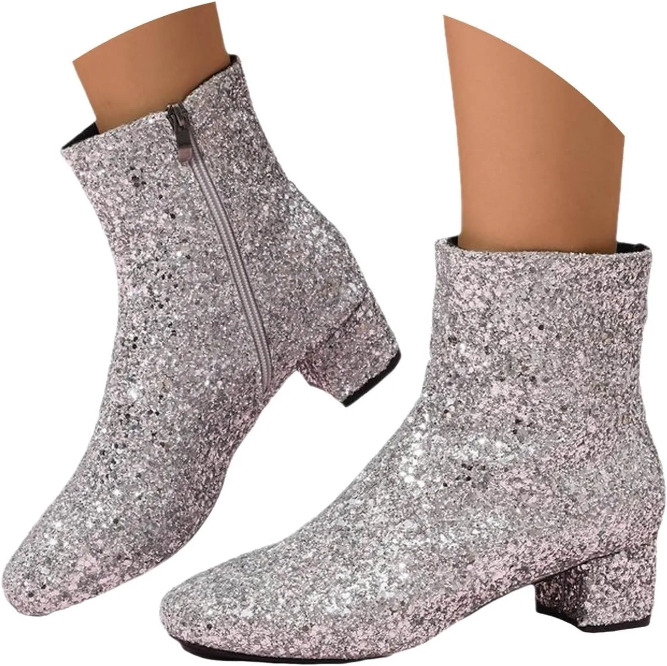 Womens Ankle Boots Sparkly Glitter Dress Boots Chunky Low Heel Short Fall Boots with Zipper Wedding Party Dress Shoes