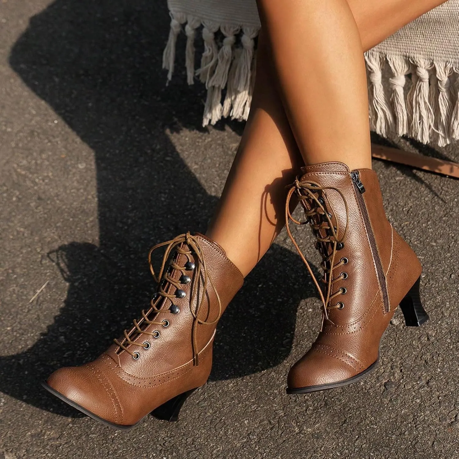 Womens Ankle Boots Wide Calf,Mid Heel Victorian Boots Vintage Lace Up Dance Booties Cosplay Witch Shoes for Women