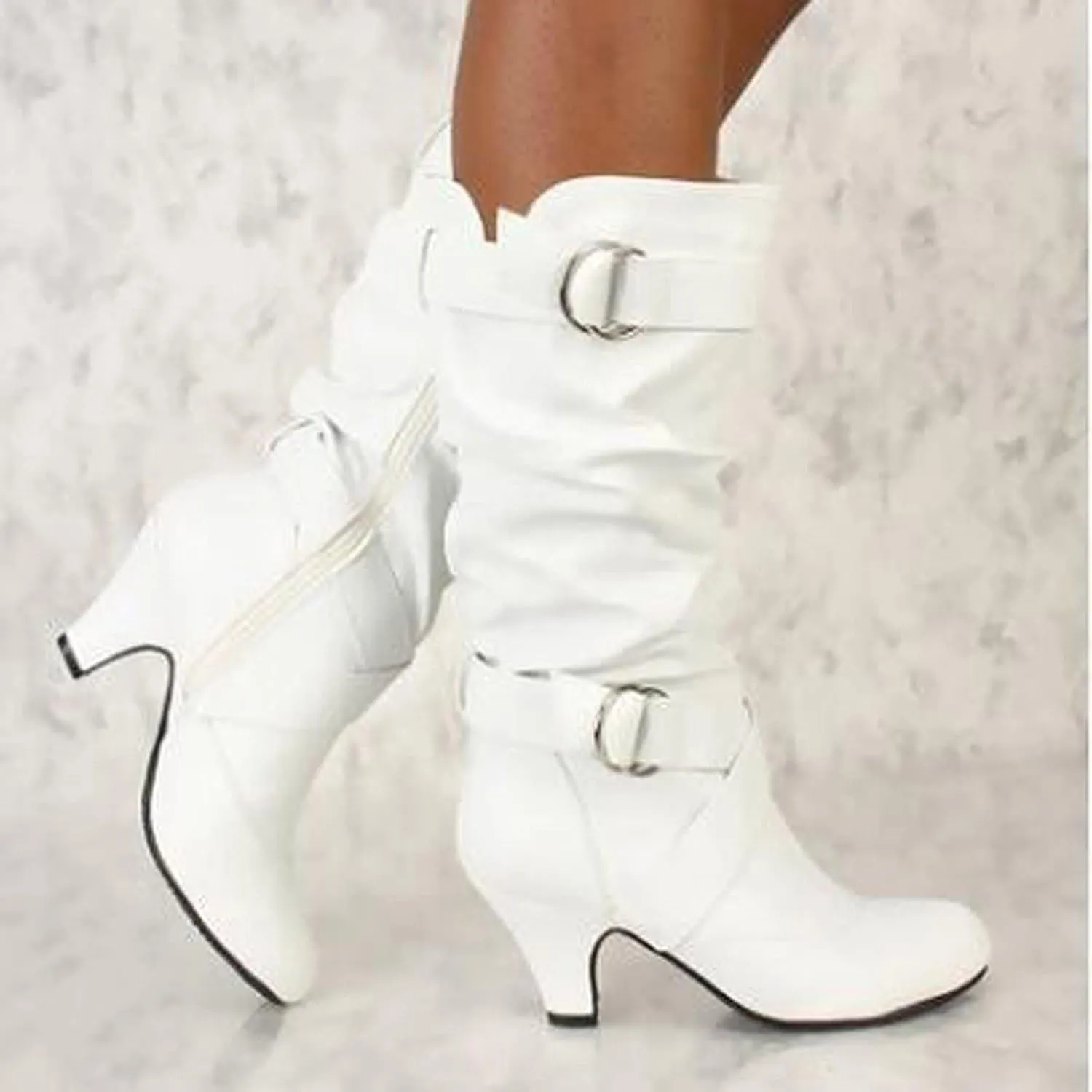Women's Boots Mid Calf Chunky Heel Dress Boots Buckle Strap Slouchy Leather Side Zipper Pointed Toe Comfortable Western Cowboy Boots