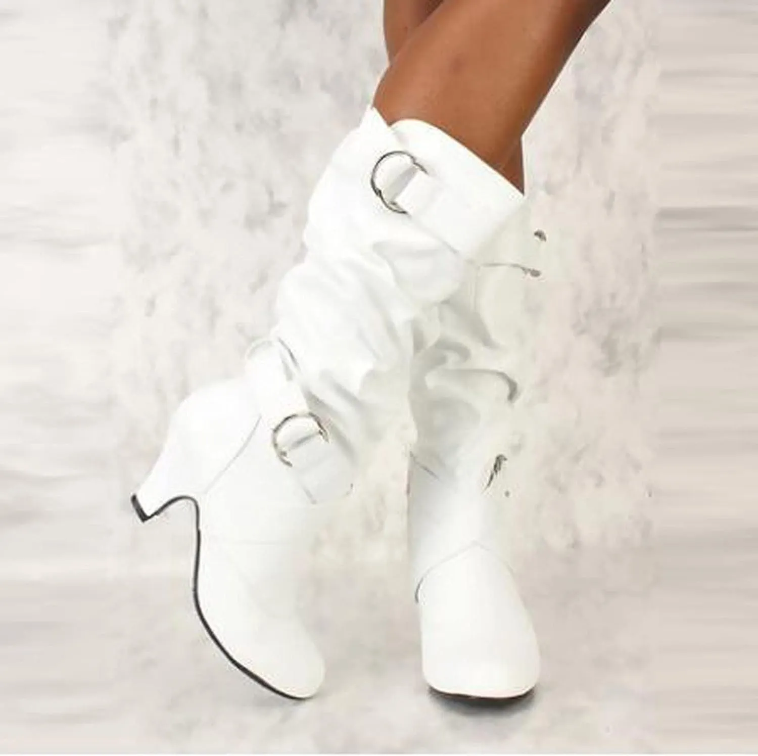 Women's Boots Mid Calf Chunky Heel Dress Boots Buckle Strap Slouchy Leather Side Zipper Pointed Toe Comfortable Western Cowboy Boots