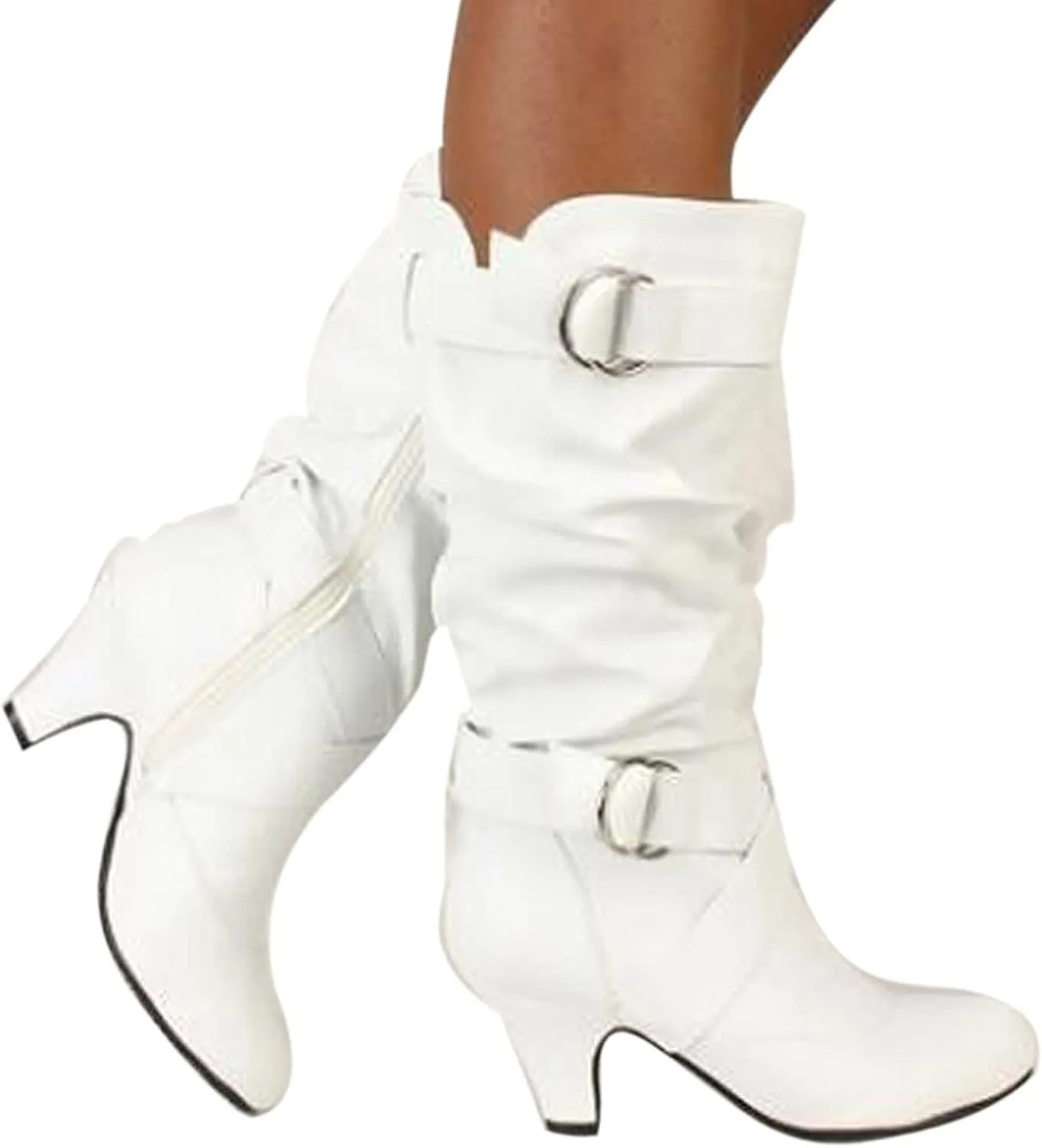 Women's Boots Mid Calf Chunky Heel Dress Boots Buckle Strap Slouchy Leather Side Zipper Pointed Toe Comfortable Western Cowboy Boots