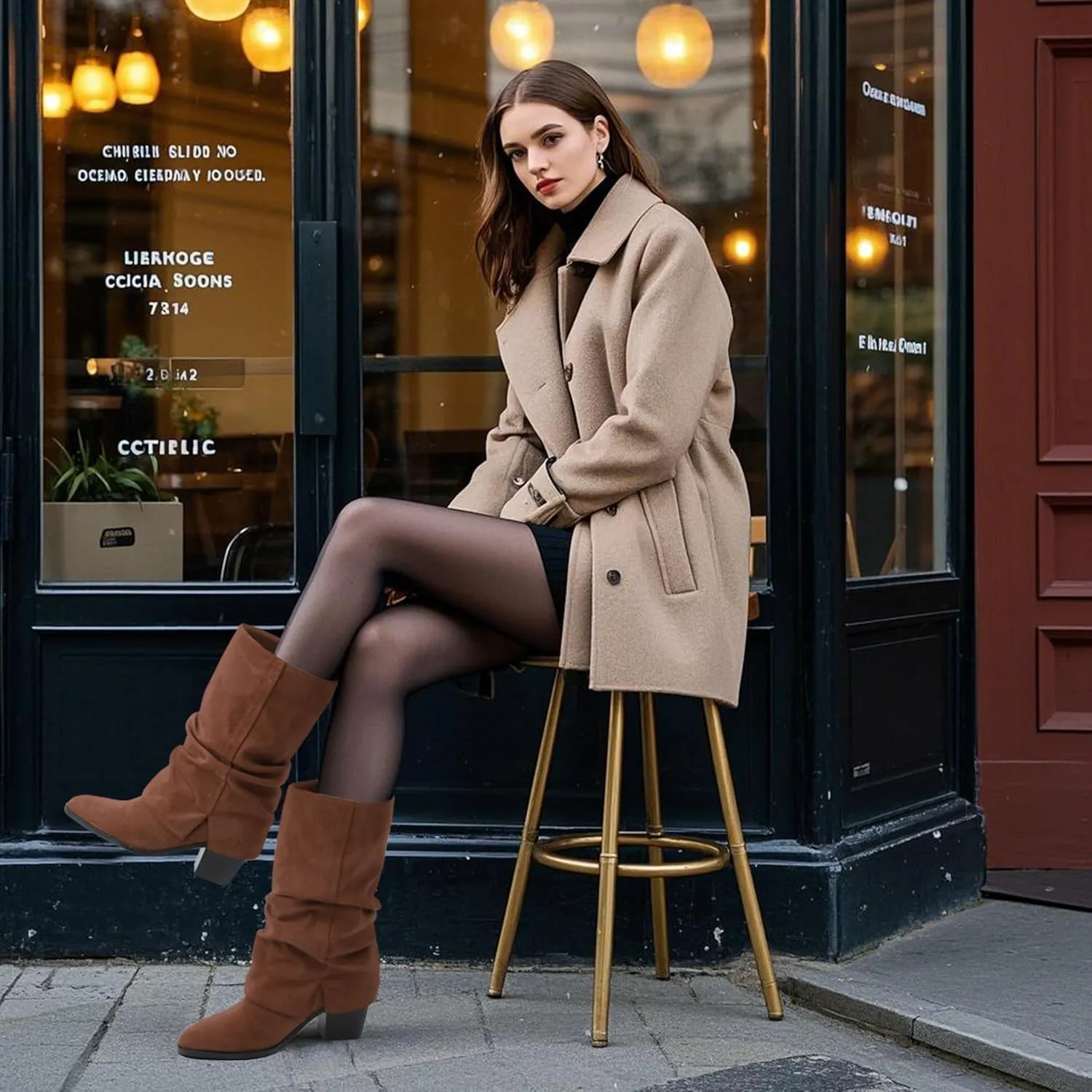 Womens Boots Mid Calf Slouchy Suede Pointed Toe Slip on Chunky Heel Short Boots Comfortable Casual Fall Winter Booties