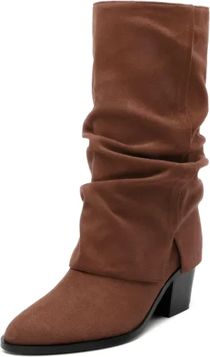 Womens Boots Mid Calf Slouchy Suede Pointed Toe Slip on Chunky Heel Short Boots Comfortable Casual Fall Winter Booties