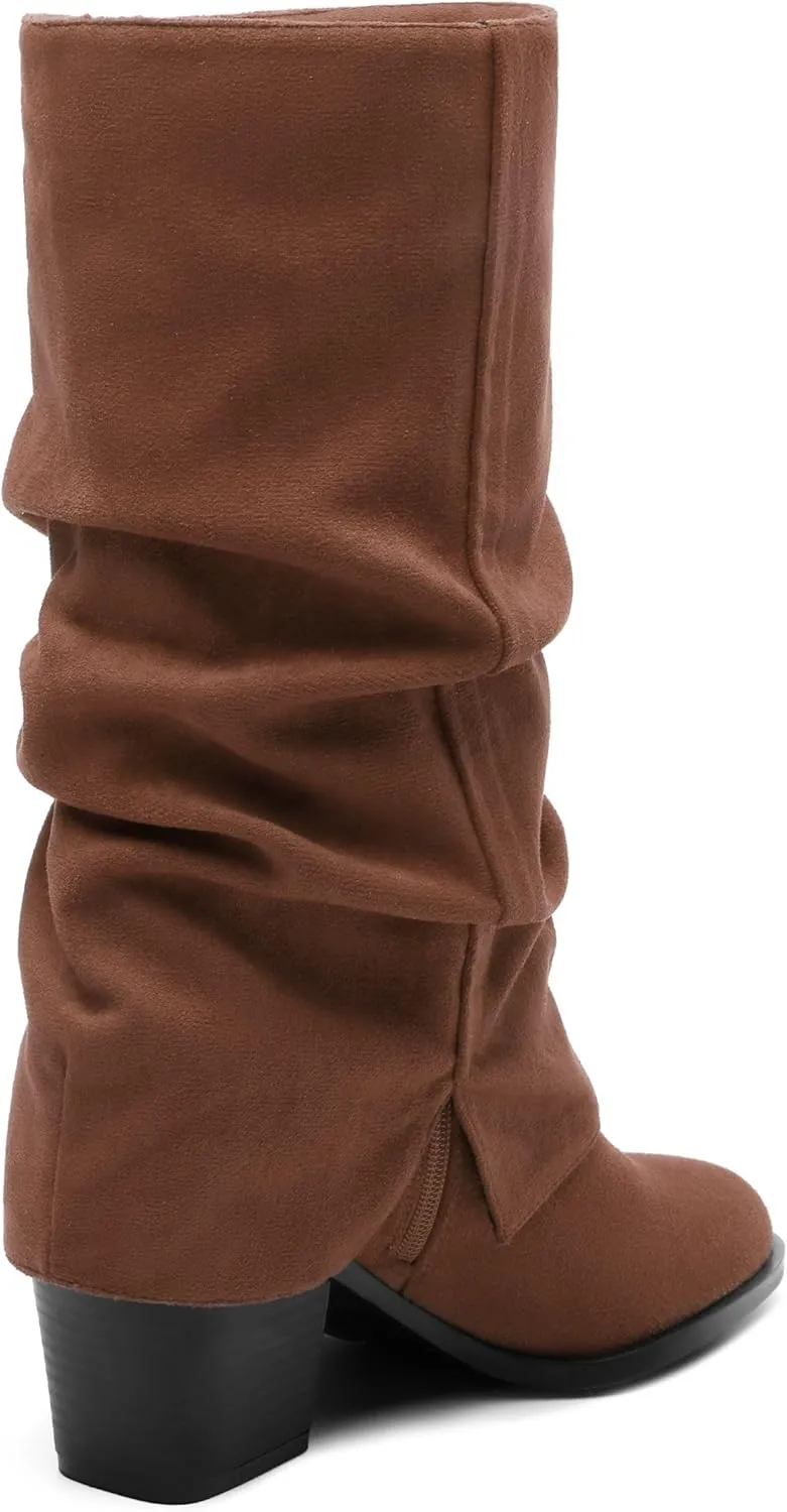 Womens Boots Mid Calf Slouchy Suede Pointed Toe Slip on Chunky Heel Short Boots Comfortable Casual Fall Winter Booties