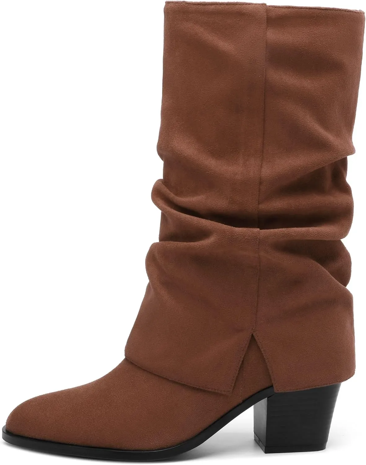 Womens Boots Mid Calf Slouchy Suede Pointed Toe Slip on Chunky Heel Short Boots Comfortable Casual Fall Winter Booties
