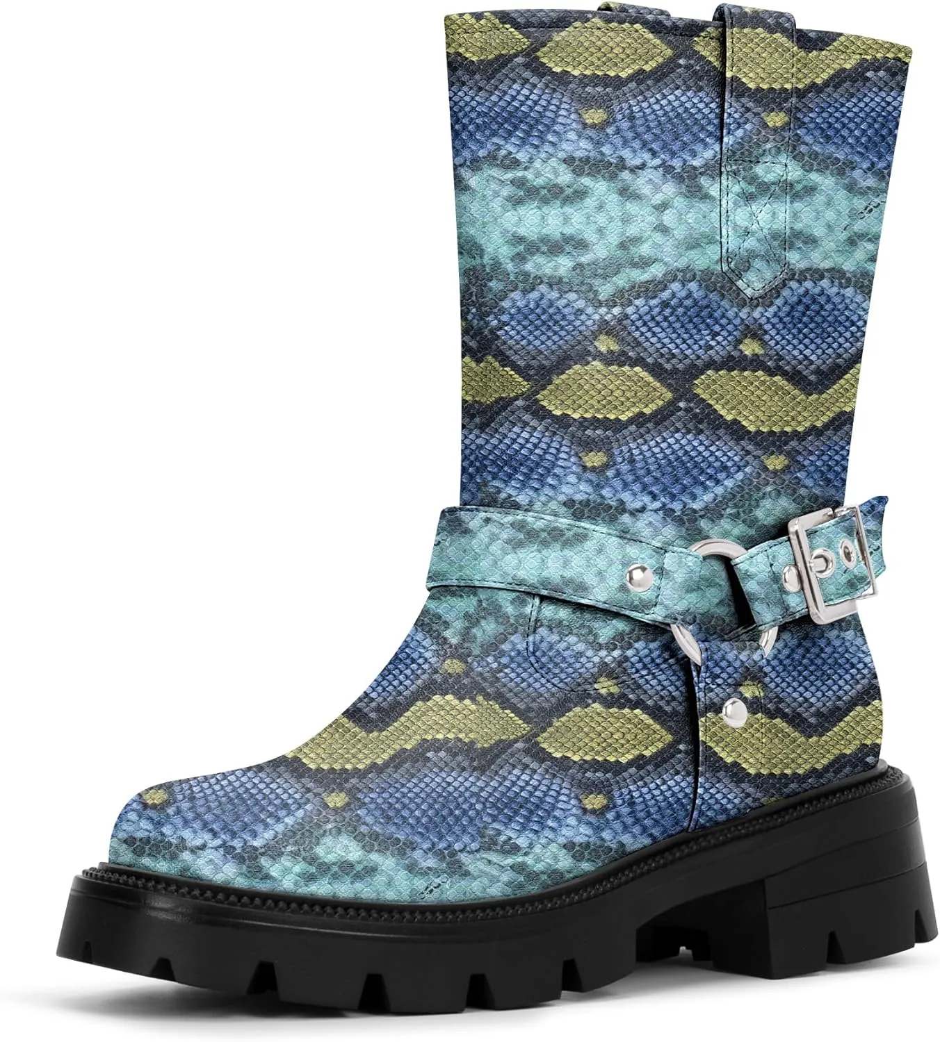 Women's Chunky Heel Round Toe Mid Calf Boots Buckle Strap Platform Biker Boots