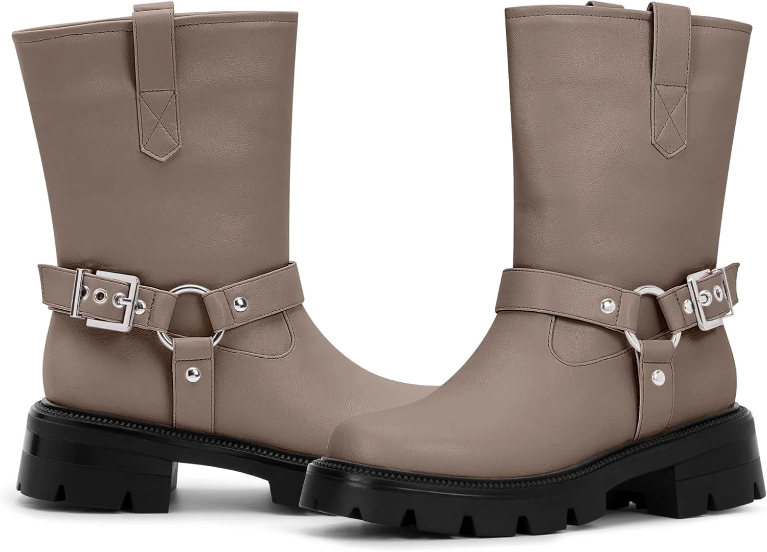 Women's Chunky Heel Round Toe Mid Calf Boots Buckle Strap Platform Biker Boots