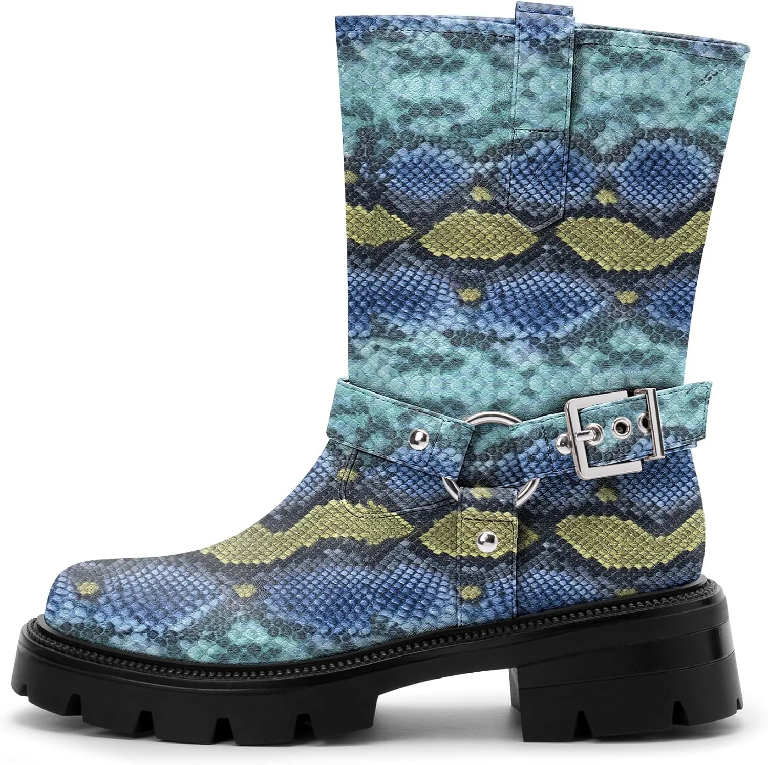 Women's Chunky Heel Round Toe Mid Calf Boots Buckle Strap Platform Biker Boots