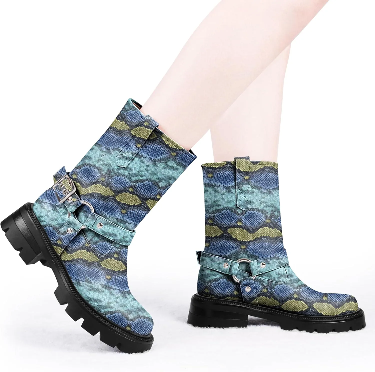 Women's Chunky Heel Round Toe Mid Calf Boots Buckle Strap Platform Biker Boots