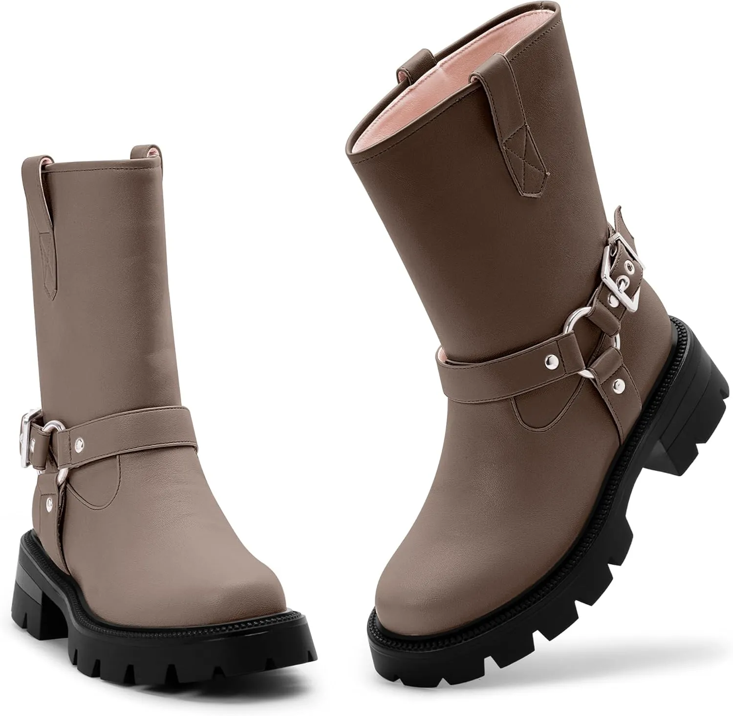 Women's Chunky Heel Round Toe Mid Calf Boots Buckle Strap Platform Biker Boots