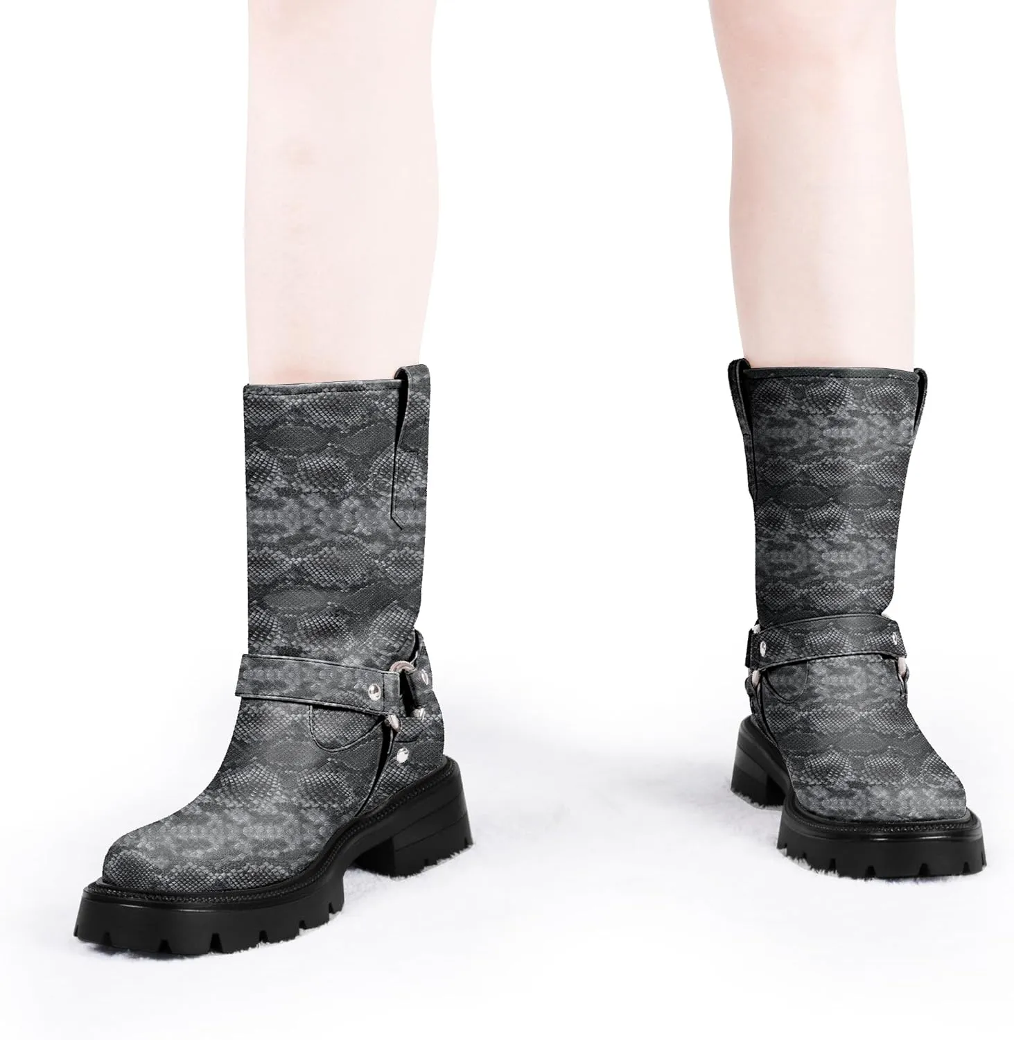 Women's Chunky Heel Round Toe Mid Calf Boots Buckle Strap Platform Biker Boots