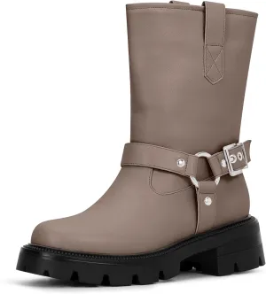 Women's Chunky Heel Round Toe Mid Calf Boots Buckle Strap Platform Biker Boots