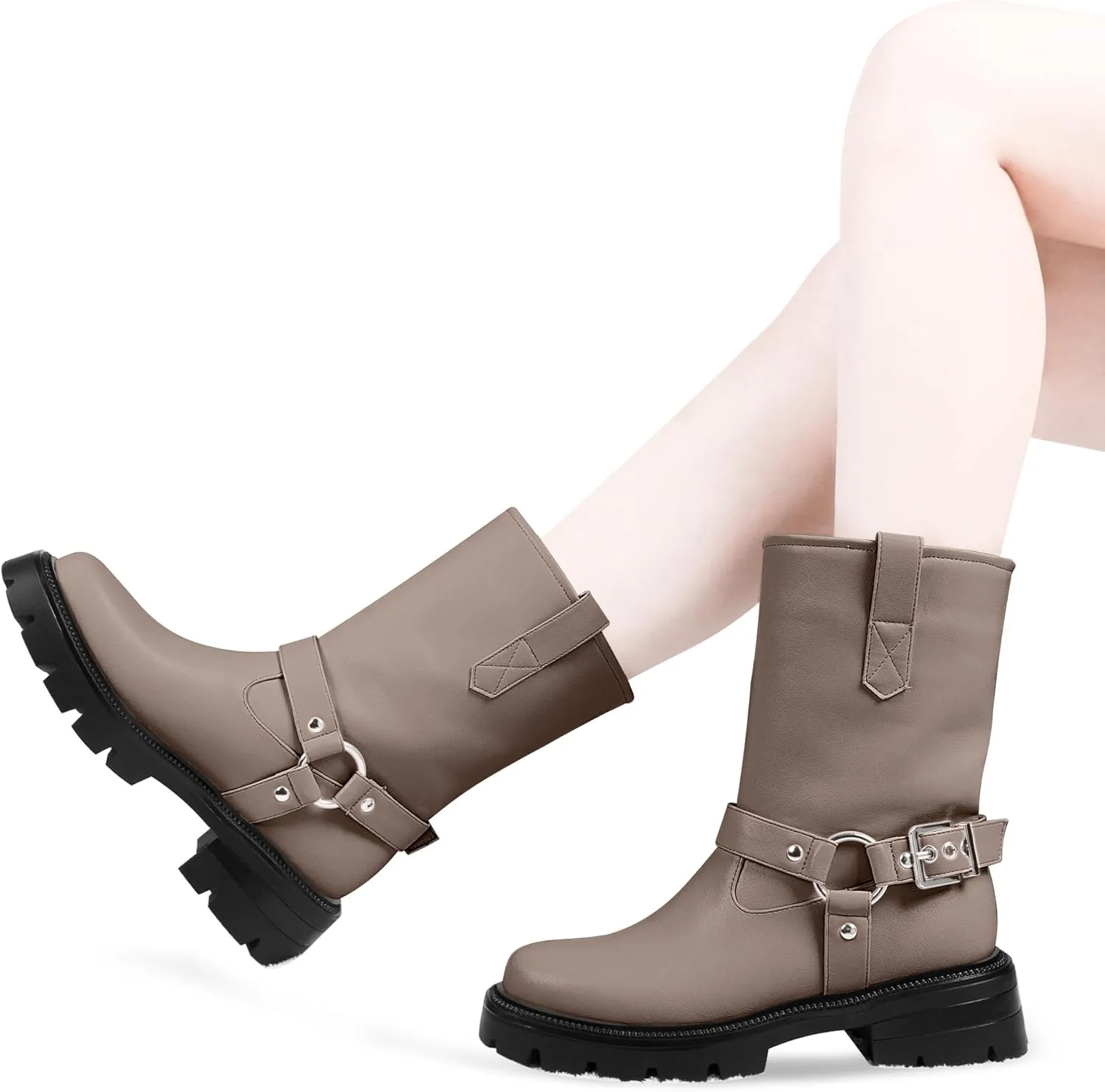 Women's Chunky Heel Round Toe Mid Calf Boots Buckle Strap Platform Biker Boots