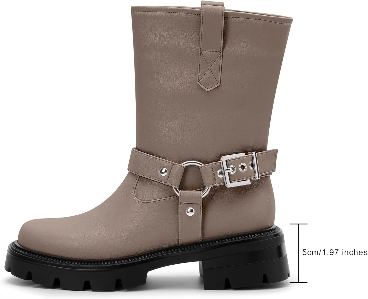 Women's Chunky Heel Round Toe Mid Calf Boots Buckle Strap Platform Biker Boots