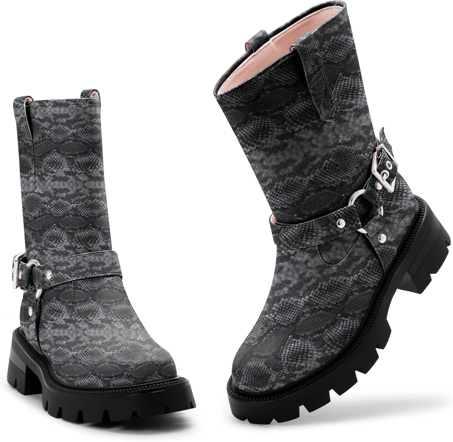 Women's Chunky Heel Round Toe Mid Calf Boots Buckle Strap Platform Biker Boots