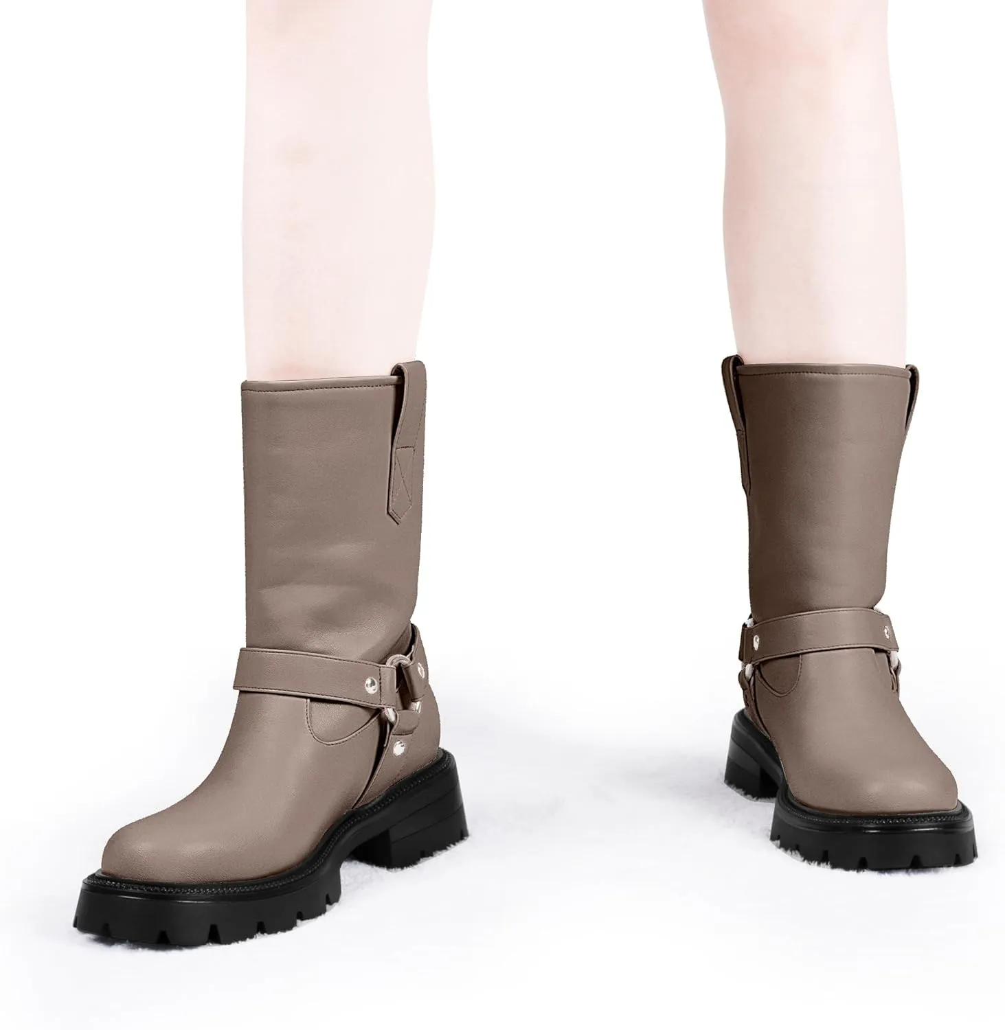 Women's Chunky Heel Round Toe Mid Calf Boots Buckle Strap Platform Biker Boots