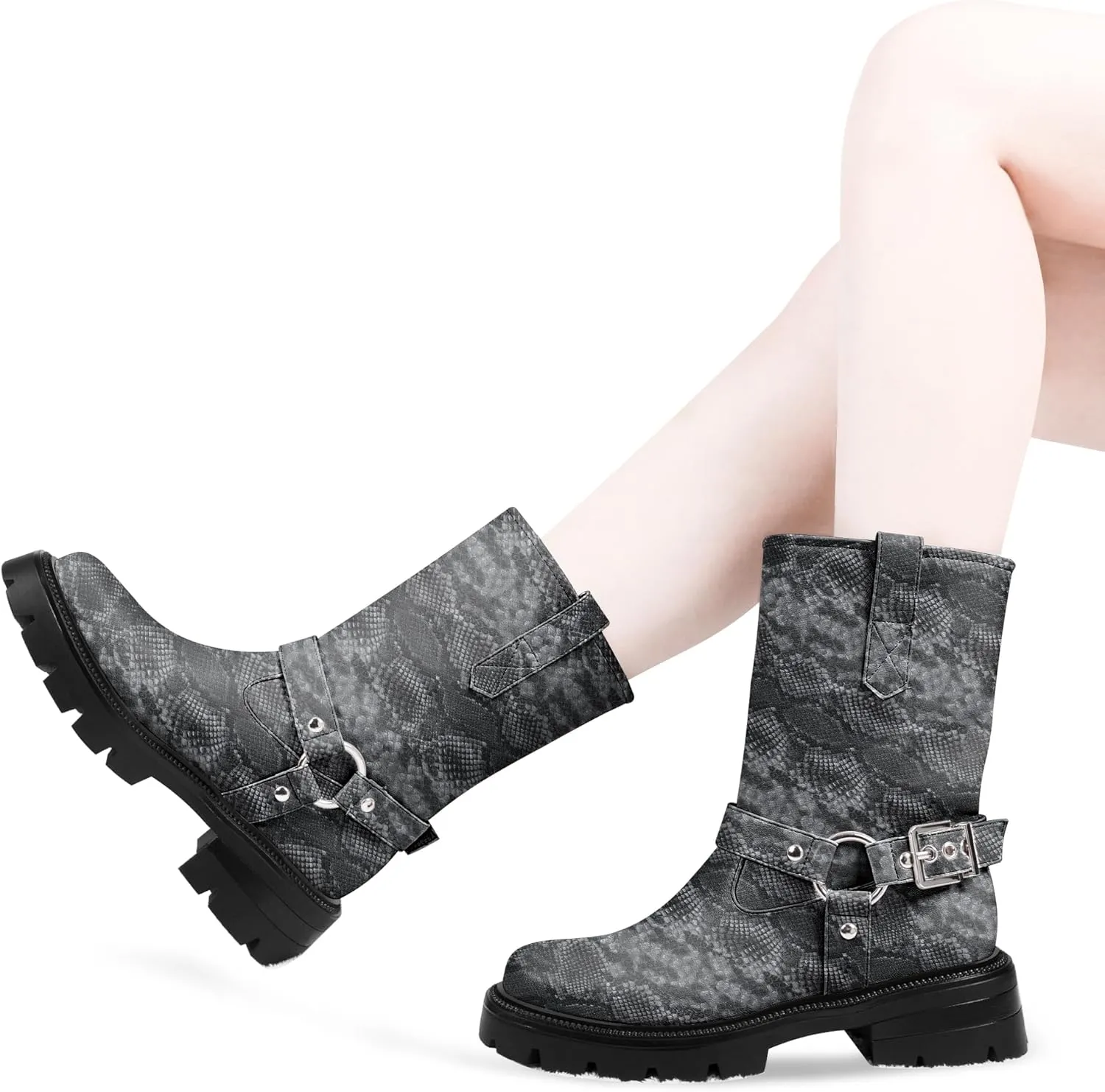 Women's Chunky Heel Round Toe Mid Calf Boots Buckle Strap Platform Biker Boots