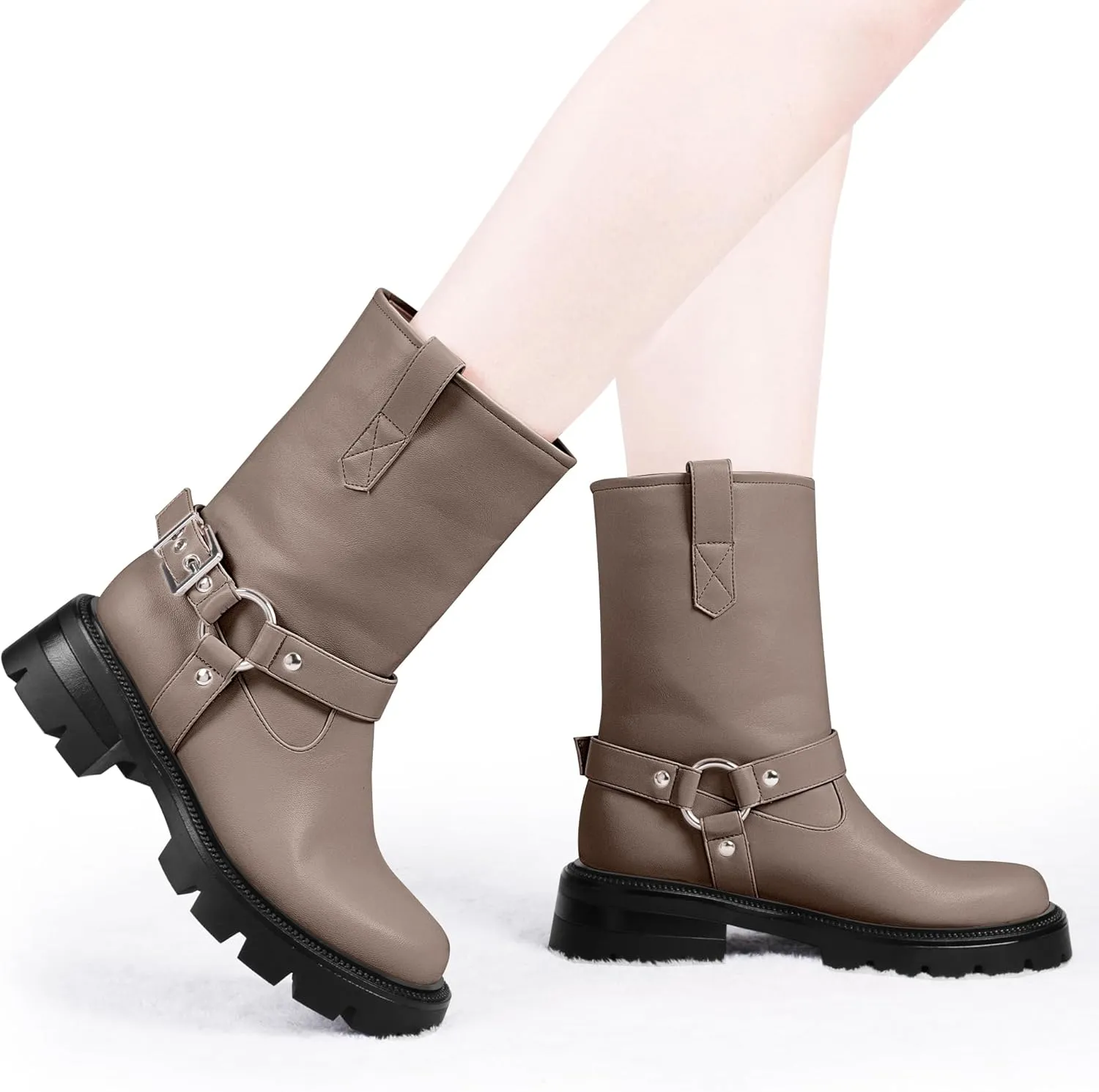 Women's Chunky Heel Round Toe Mid Calf Boots Buckle Strap Platform Biker Boots