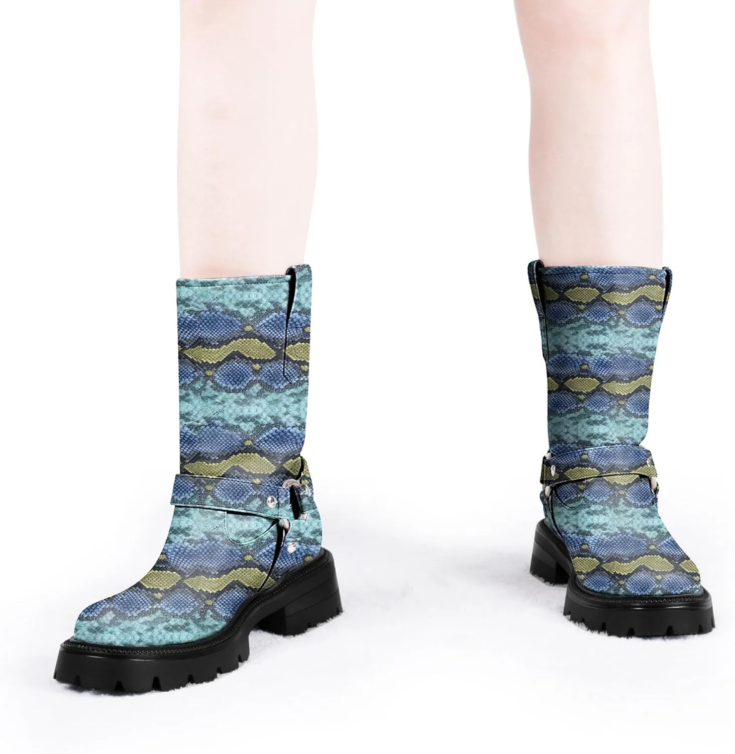 Women's Chunky Heel Round Toe Mid Calf Boots Buckle Strap Platform Biker Boots