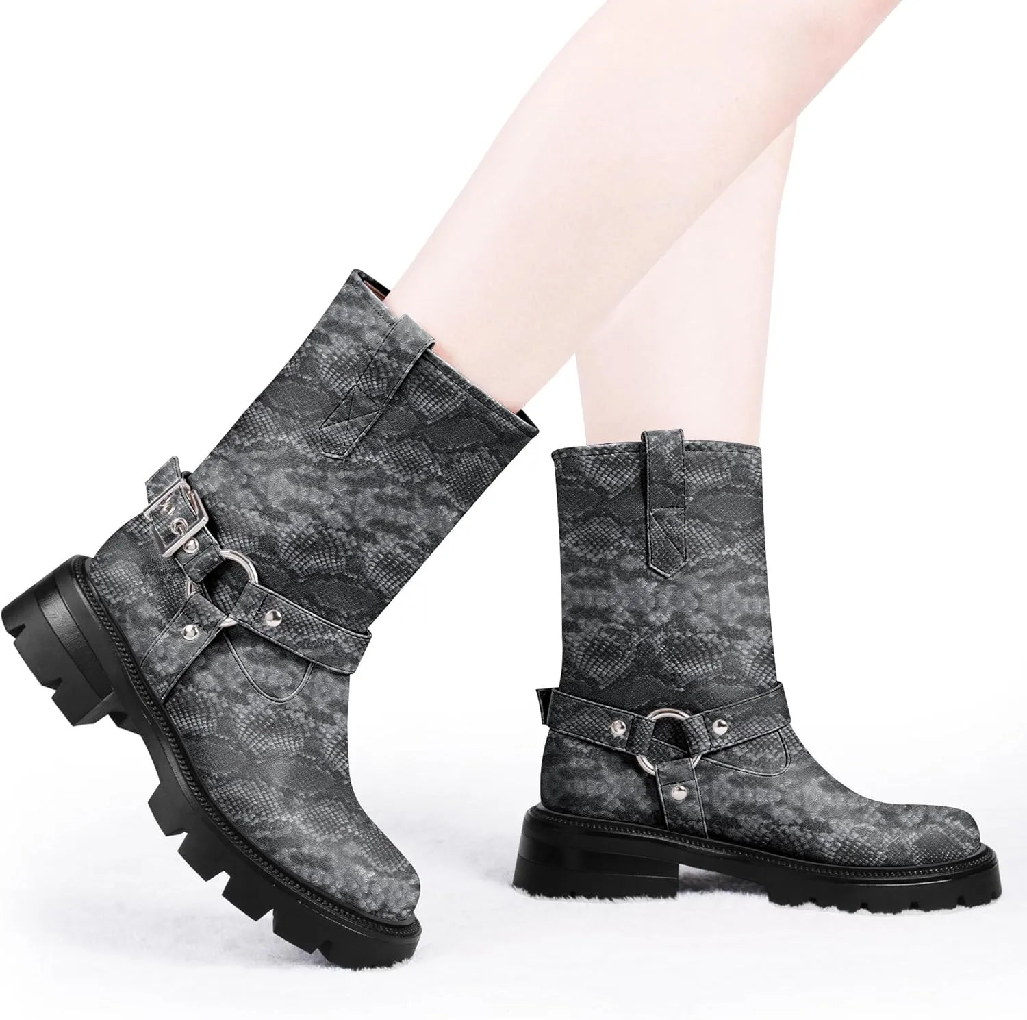Women's Chunky Heel Round Toe Mid Calf Boots Buckle Strap Platform Biker Boots