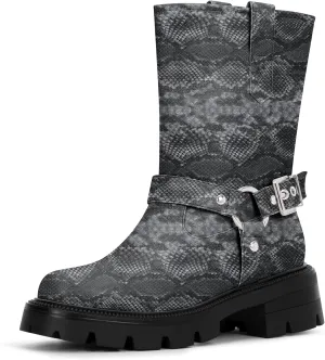 Women's Chunky Heel Round Toe Mid Calf Boots Buckle Strap Platform Biker Boots