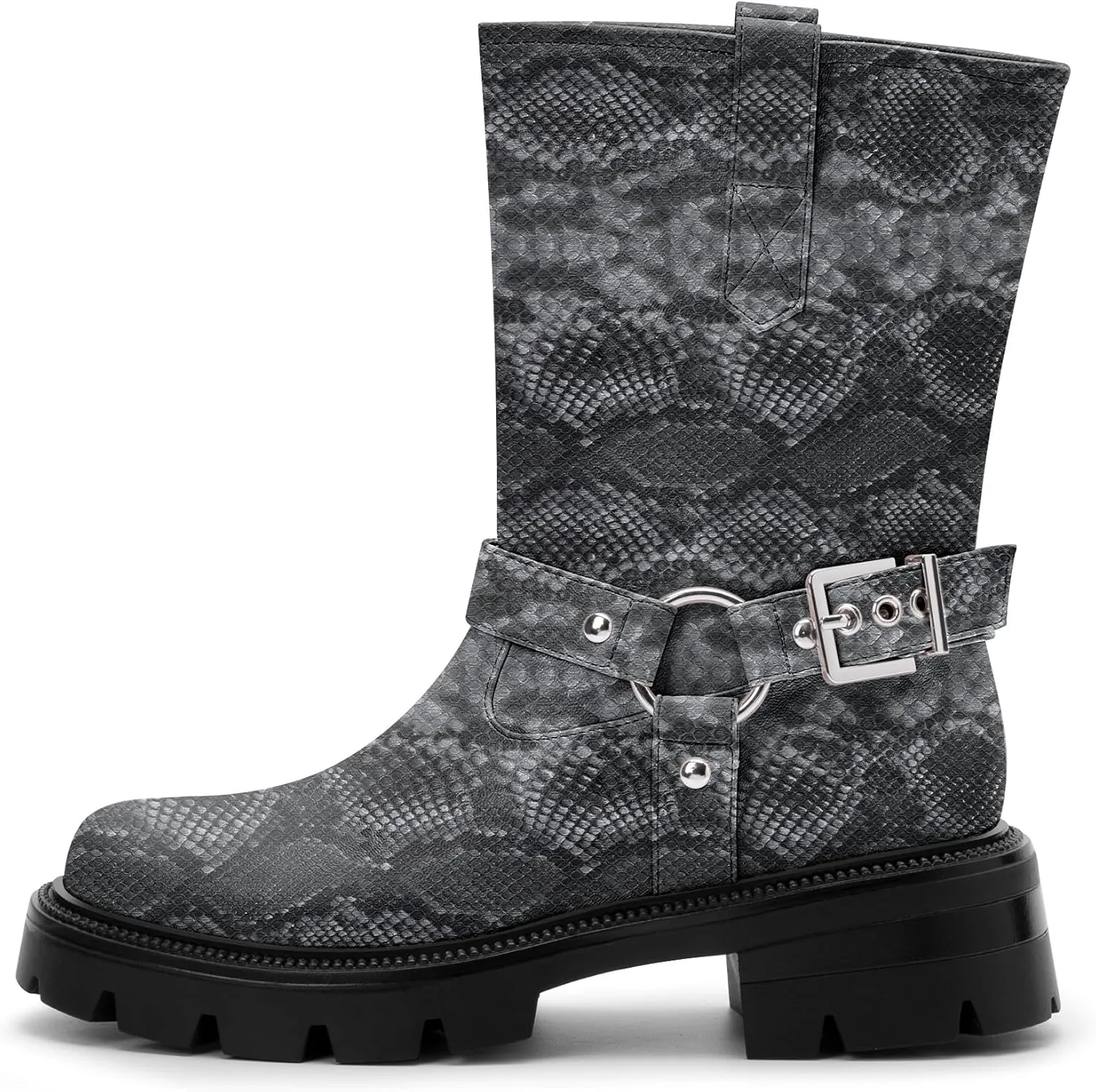 Women's Chunky Heel Round Toe Mid Calf Boots Buckle Strap Platform Biker Boots